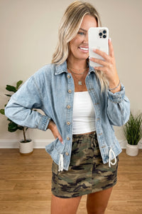 Draw-cord Hem Light Wash Denim Jacket - KaleaBoutique.com