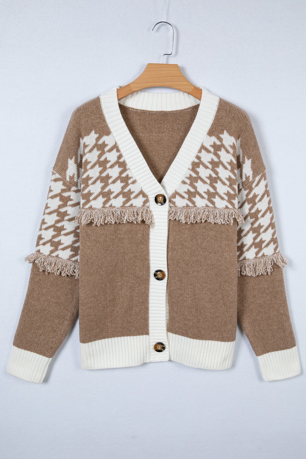 KaleaBoutique Classic Houndstooth Color Block V Neck Raw Edge Button Front Cardigan - KaleaBoutique.com