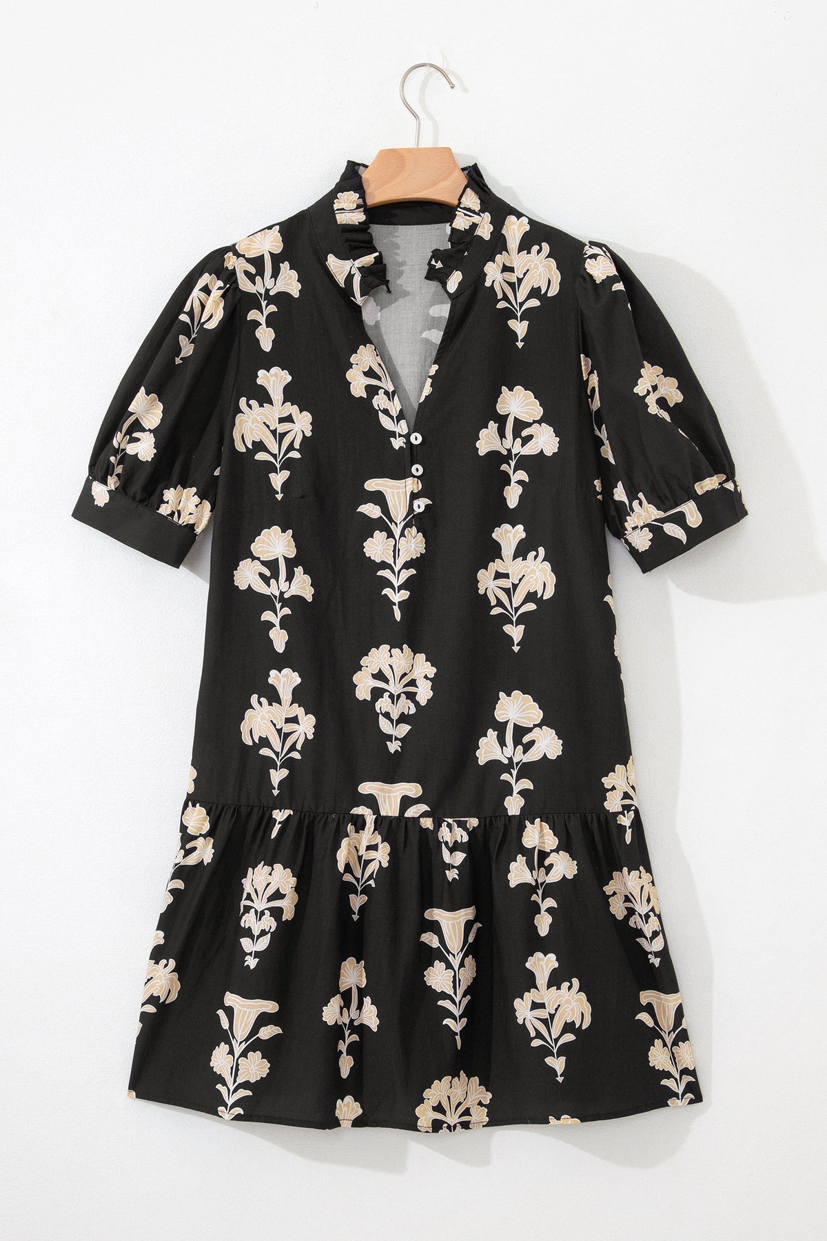 KaleaBoutique Comfortable Frilled V Neck Puff Short Sleeve Floral Mini Dress - KaleaBoutique.com