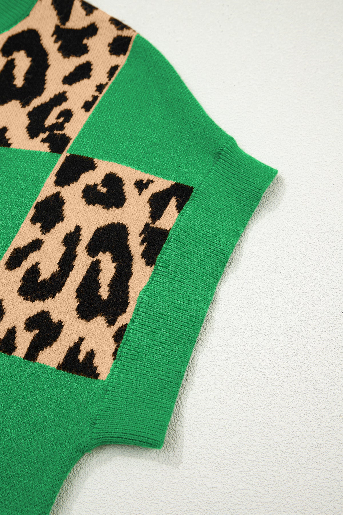 KaleaBoutique Stylish Leopard Checkerboard Short Sleeve Knit Sweater - KaleaBoutique.com