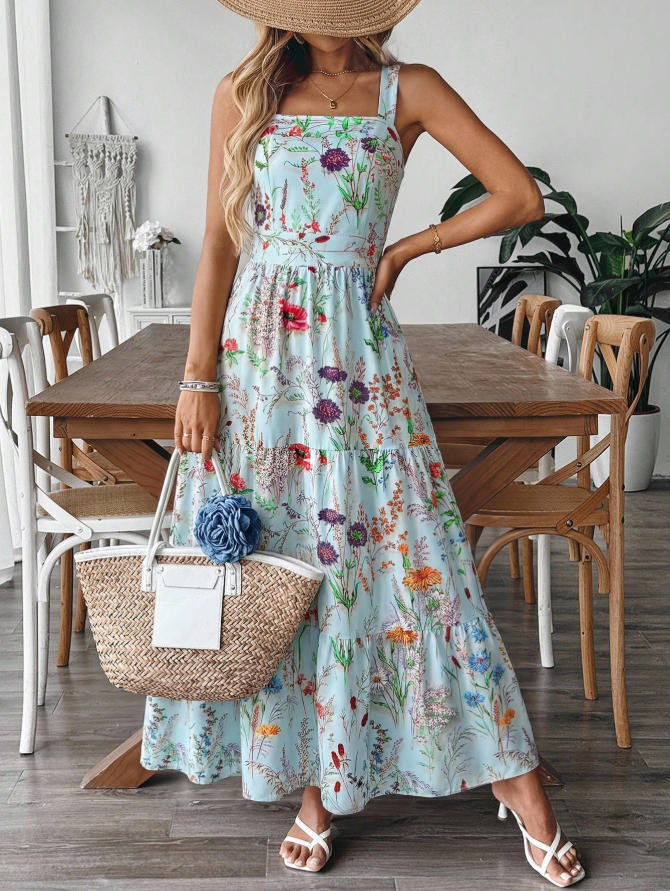 Plant And Floral Strap Maxi Dress - KaleaBoutique.com