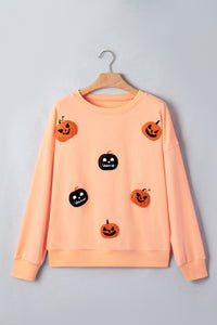KaleaBoutique Stylish Orange Embroidered Pumpkin Face Drop Shoulder Sweatshirt - KaleaBoutique.com