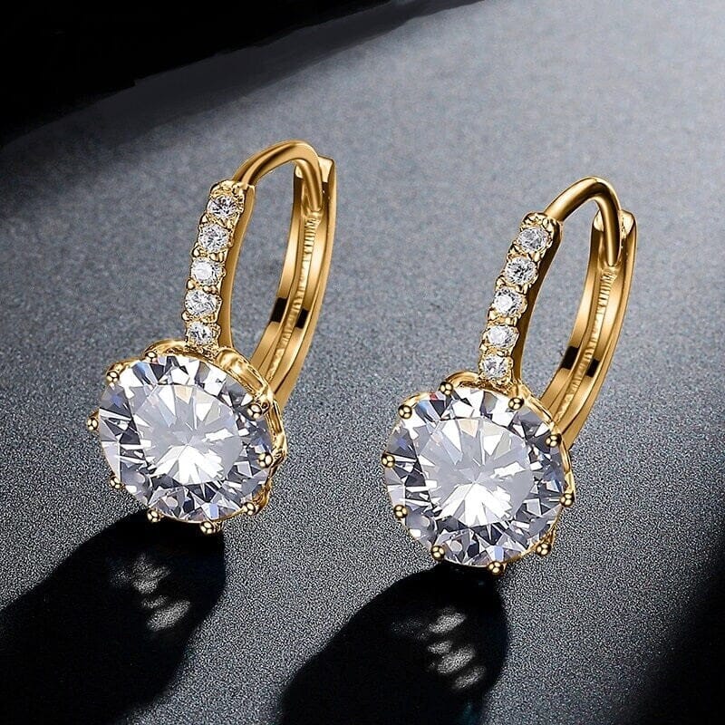 18K Gold Crystal Hoop Earrings, Crystal CZ Gem Studs, Wedding Bridal Solitaire Diamond Hoop Earring, Lever Back Minimalist Crystal Earrings - KaleaBoutique.com