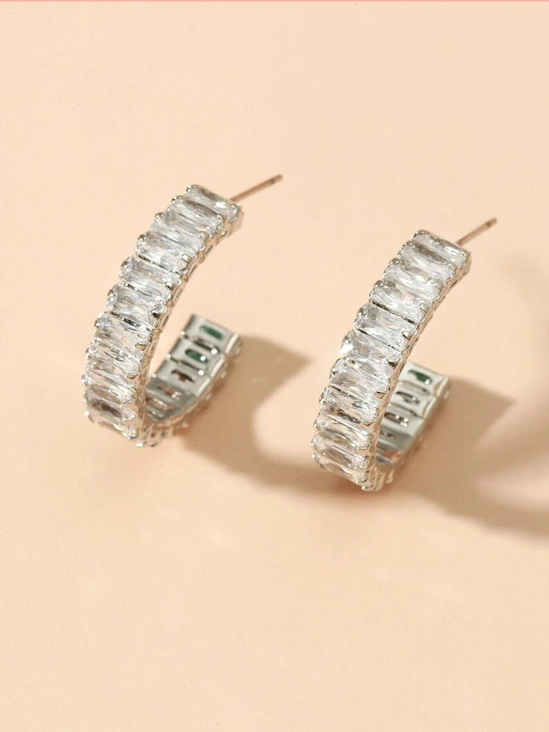 Medium Crystal Hoop Earrings, Baguette Cut CZ Crystal Stud Earrings, Bridal Huggie Hoop Earrings - KaleaBoutique.com