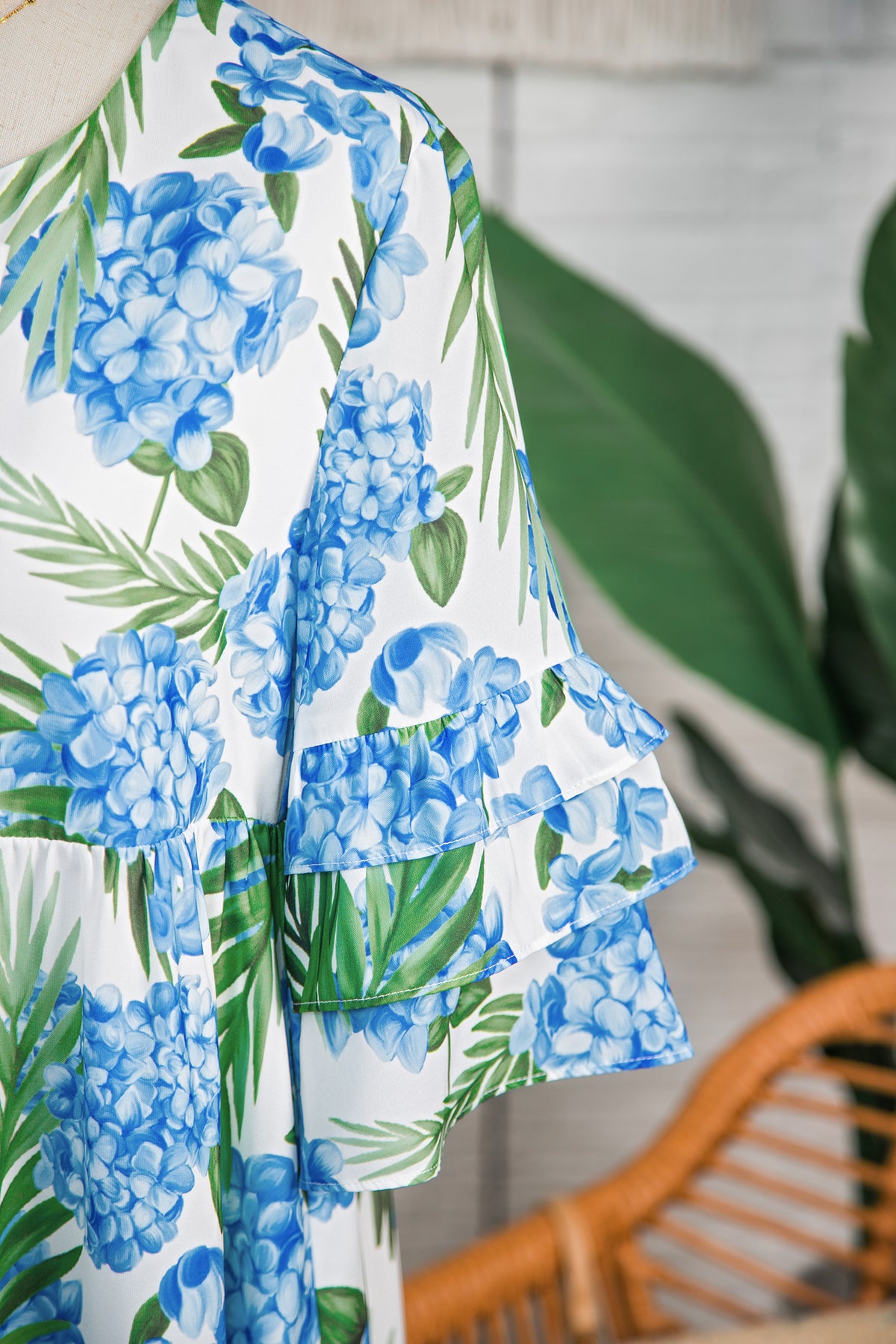 KaleaBoutique Comfortable Palm Floral Print Contrast Ribbon Knot Ruffle Tiered Sleeve Mini Dress - KaleaBoutique.com