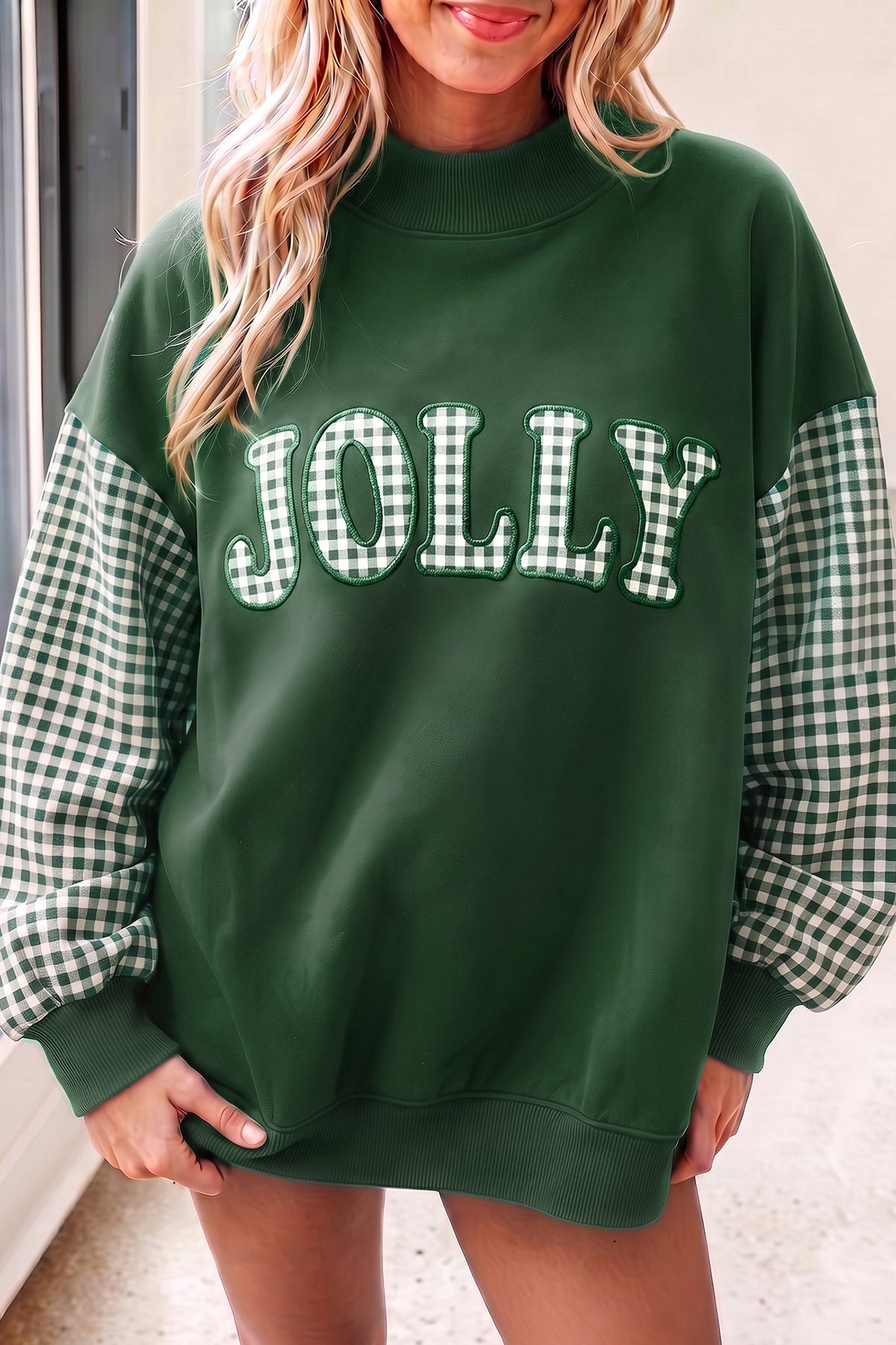Gingham Plaid Sleeve Colorblock Oversized Pullover Sweatshirt - KaleaBoutique.com