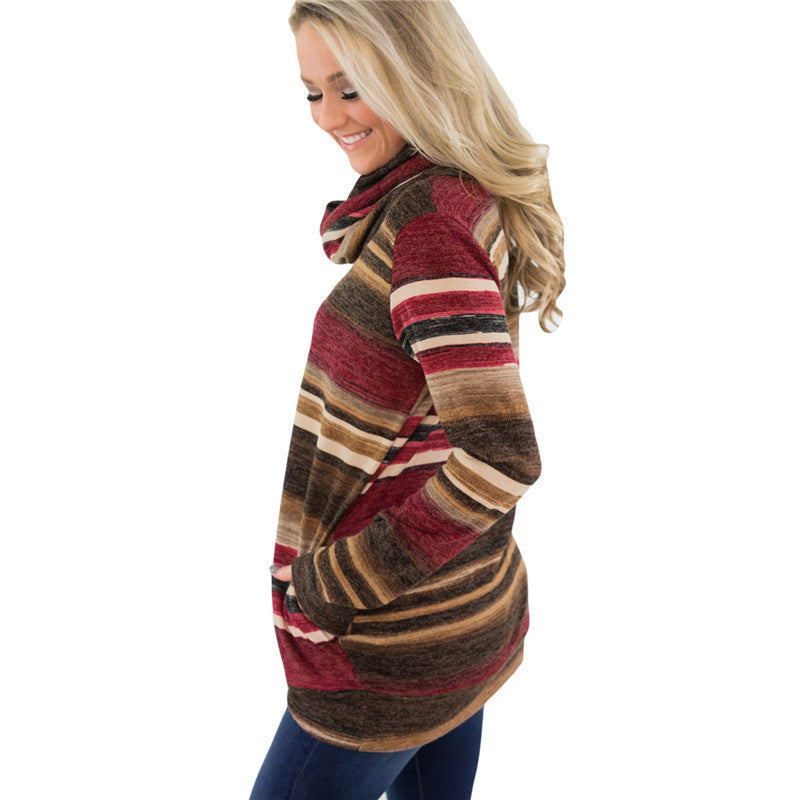 Women's Multicolor Striped Cowl-Neck Pullover with Drawstrings - KaleaBoutique.com