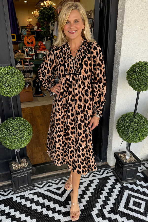 KaleaBoutique Stylish Leopard Print Smocked Detail Flowy Midi Dress - KaleaBoutique.com