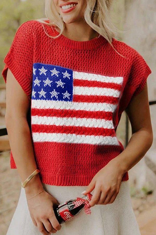 KaleaBoutique Stylish Flag Graphic Short Sleeve Sweater Top - KaleaBoutique.com