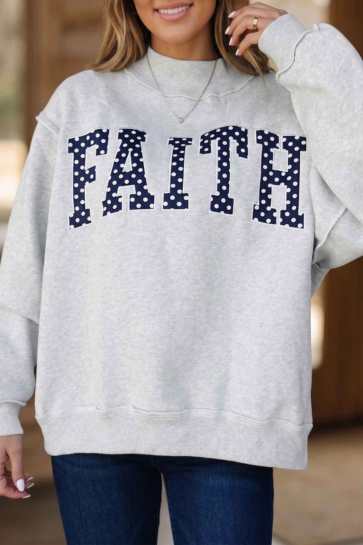 KaleaBoutique Comfortable High Neck Polka Dot Slogan Printed Baggy Sweatshirt - KaleaBoutique.com