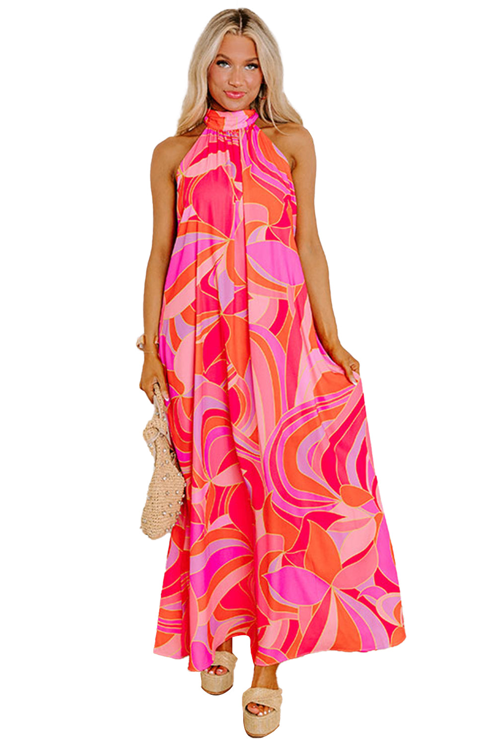 KaleaBoutique Stylish Abstract Printed High Neck Knotted Nape Sleeveless Maxi Dress - KaleaBoutique.com