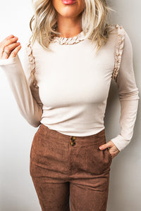 KaleaBoutique Stylish Solid Color Round Neck Frill Detail Long Sleeve Top - KaleaBoutique.com