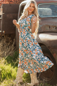 KaleaBoutique Stylish Floral Print Trimmed V Neck Tie Waist Sleeveless Holiday Long Dress - KaleaBoutique.com