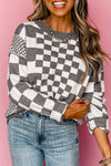 KaleaBoutique Checkered Print Drop Shoulder Round Neck Sweater - KaleaBoutique.com