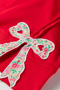 Floral Bow Patched Exposed Seam Patchwork Slit Baggy Sweatshirt - KaleaBoutique.com
