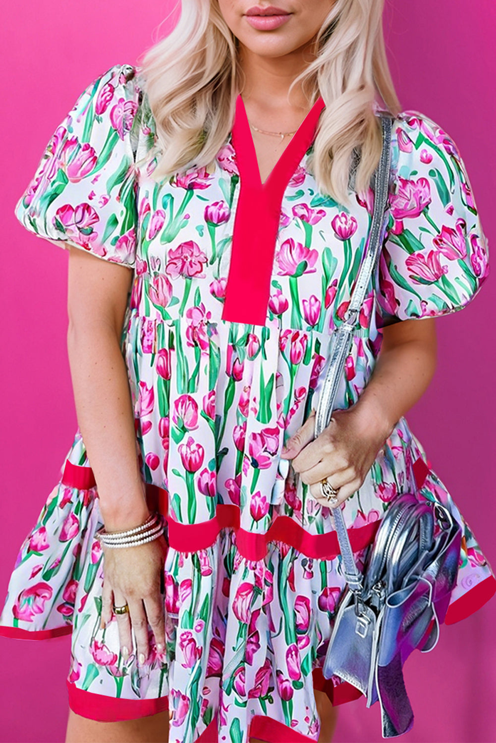 Floral Print Contrast Trim V Neck Bubble Short Sleeve Babydoll Dress - KaleaBoutique.com