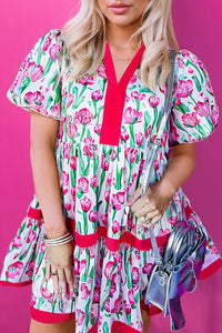 Floral Print Contrast Trim V Neck Bubble Short Sleeve Babydoll Dress - KaleaBoutique.com