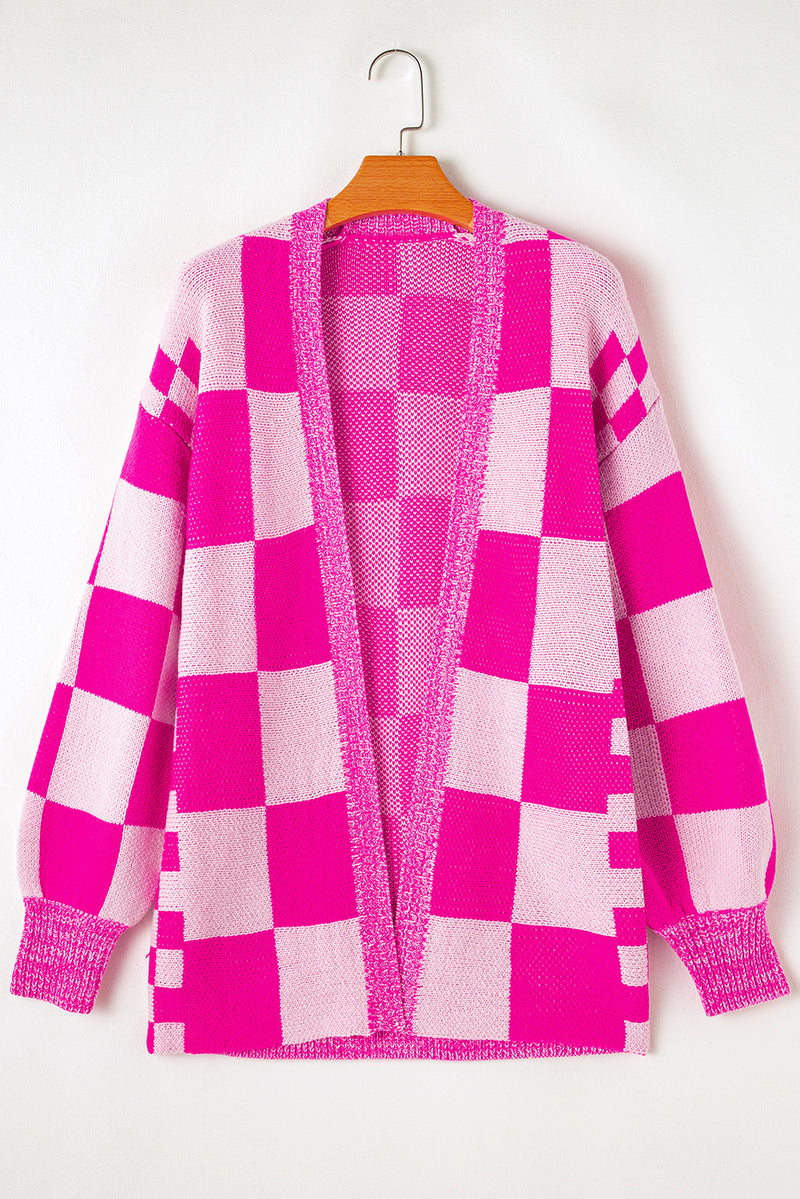 KaleaBoutique Stylish Checkered Printed Ribbed Trim Open Front Cardigan - KaleaBoutique.com