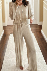 KaleaBoutique Comfortable 3D Ribbed V Neck Pullover Drawstring Pants 2 Piece Lounge Set - KaleaBoutique.com