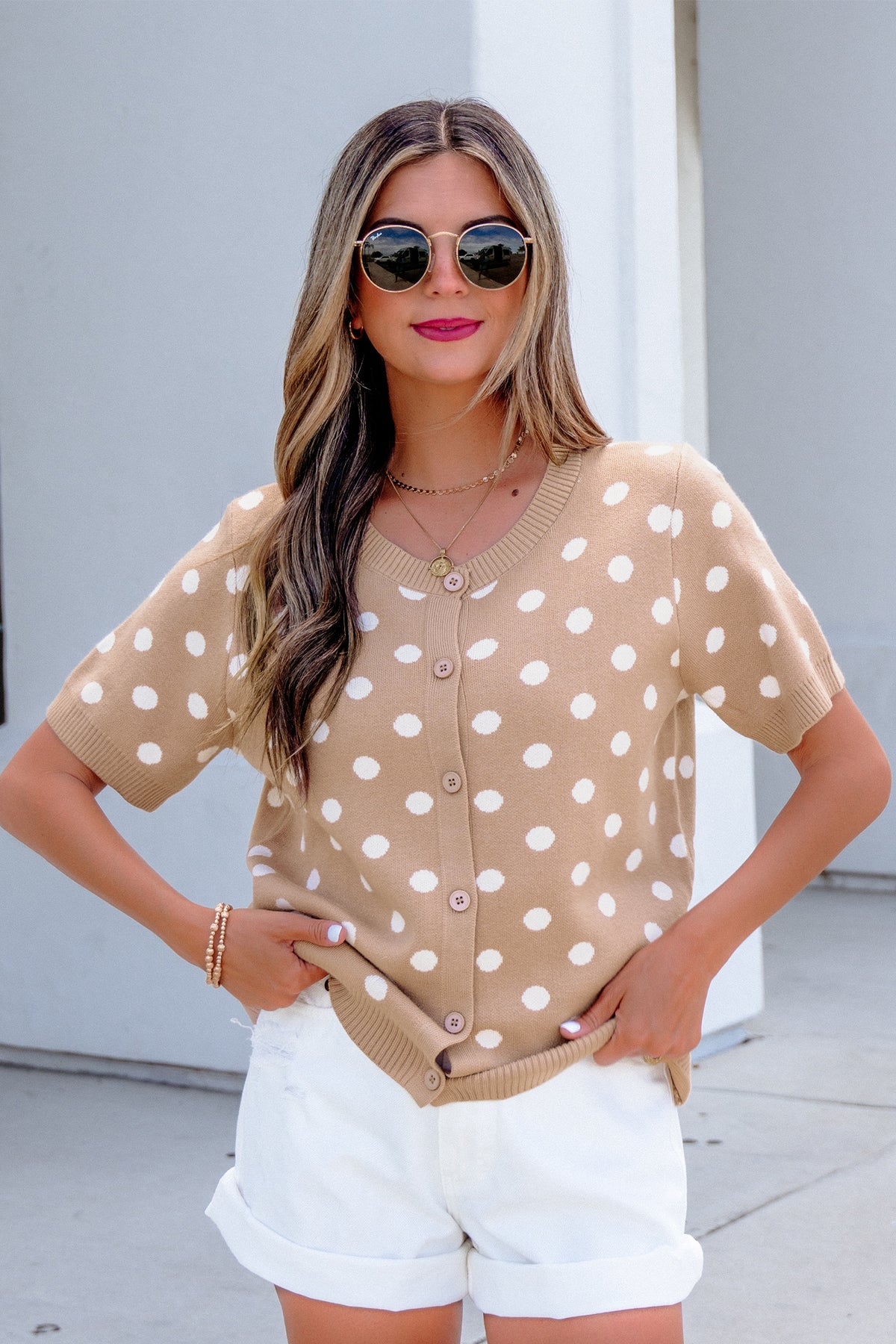 KaleaBoutique Comfortable Polka Dot Short Sleeve Button Down Sweater Cardigan - KaleaBoutique.com