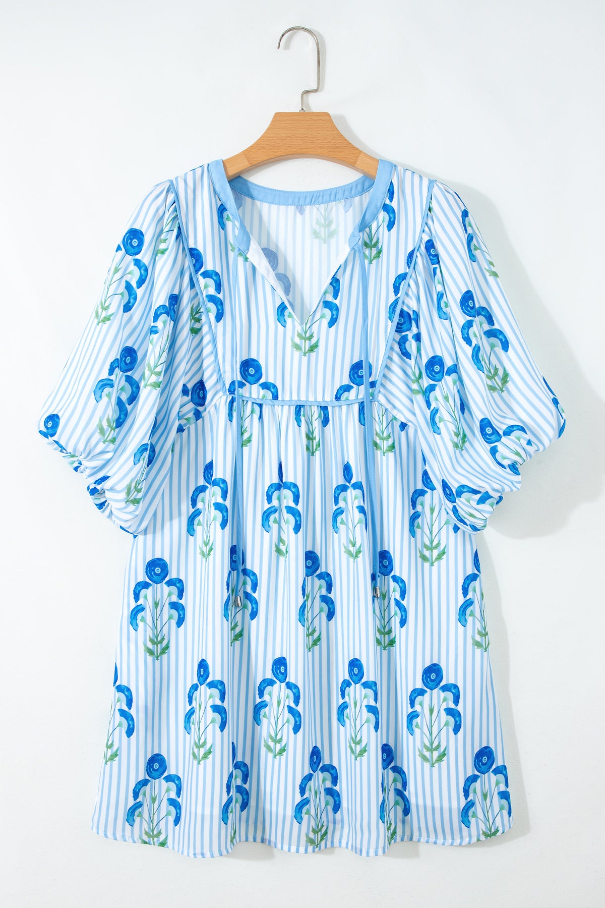 KaleaBoutique Comfortable Floral Striped Print Tie Notched Neck Puff Sleeve Flared Mini Dress - KaleaBoutique.com
