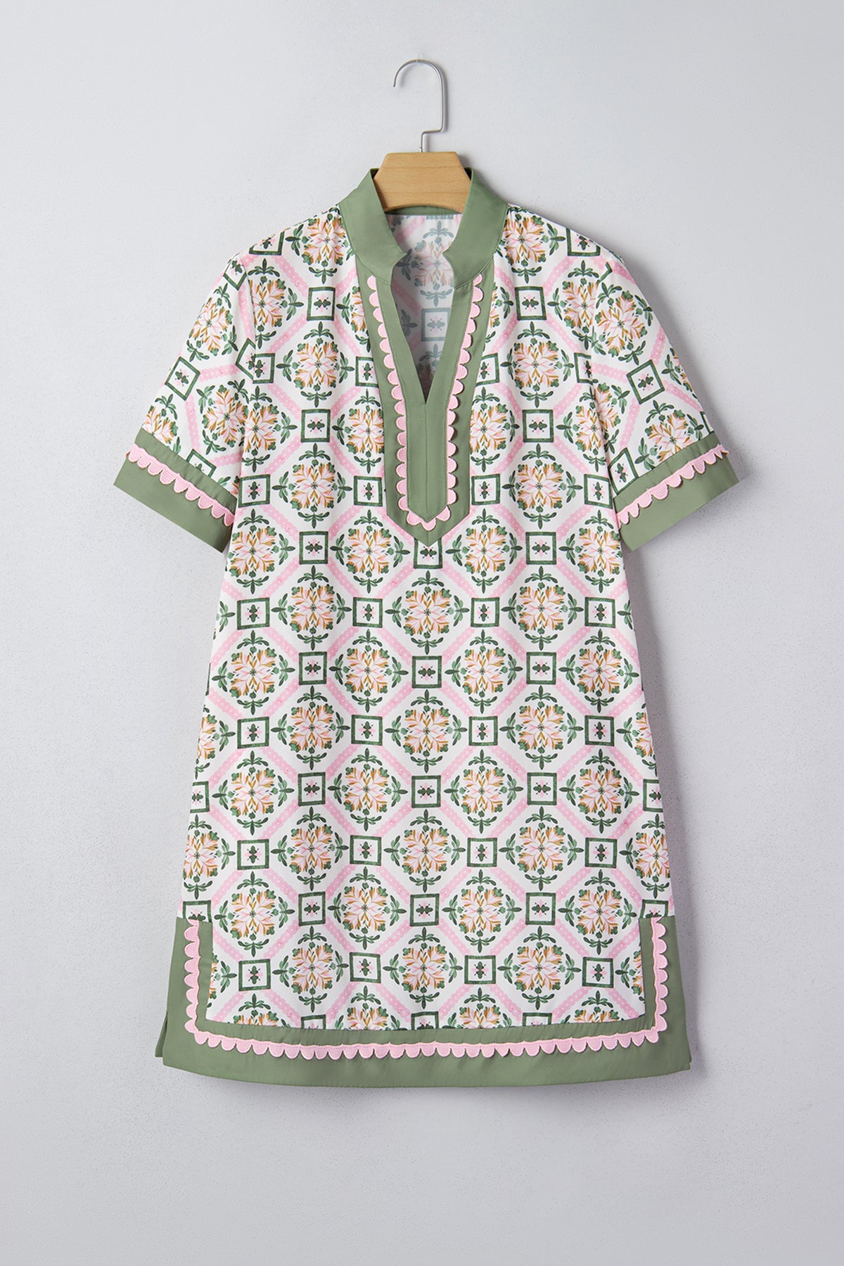KaleaBoutique Stylish Boho Geometric Flower Print Short Sleeve Loose Mini Dress - KaleaBoutique.com