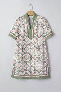 KaleaBoutique Stylish Boho Geometric Flower Print Short Sleeve Loose Mini Dress - KaleaBoutique.com