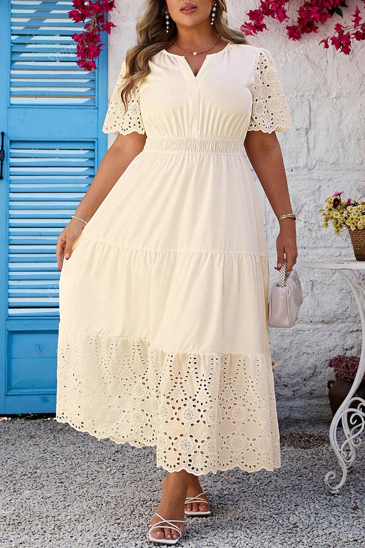 Apricot Plus Size V-Neck Eyelet Embroidered Maxi Dress - KaleaBoutique.com