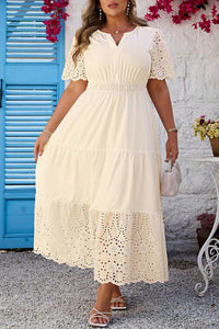 Apricot Plus Size V-Neck Eyelet Embroidered Maxi Dress - KaleaBoutique.com