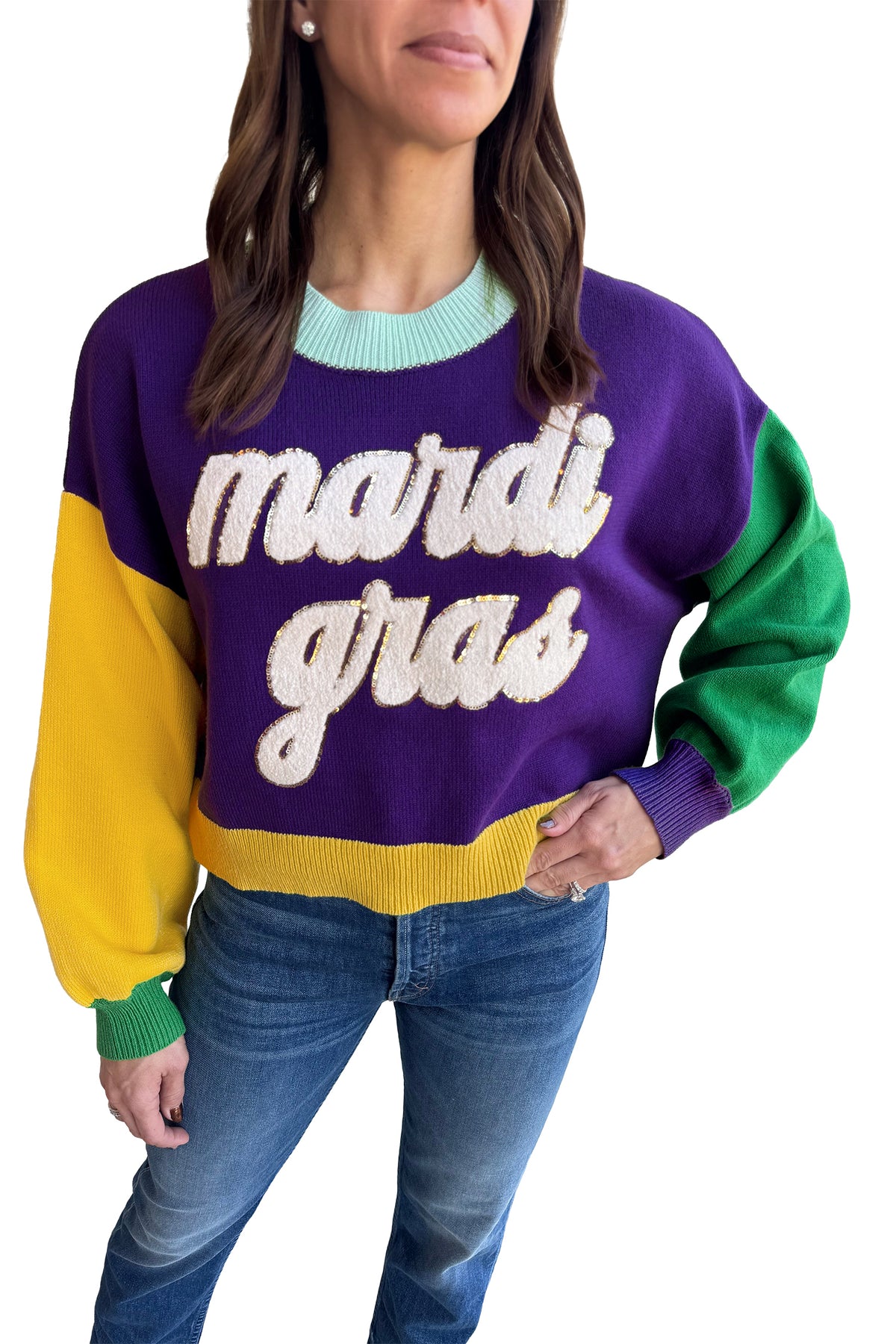 Colorblock Patchwork Fuzzy Mardi Gras Graphic Sweater - KaleaBoutique.com