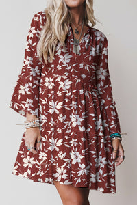 Boho Floral Print Lettuce Trim 3/4 Sleeve Mini Dress - KaleaBoutique.com