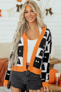 Black Geometric Ghost Print Knit Cardigan with Orange Trim - KaleaBoutique.com