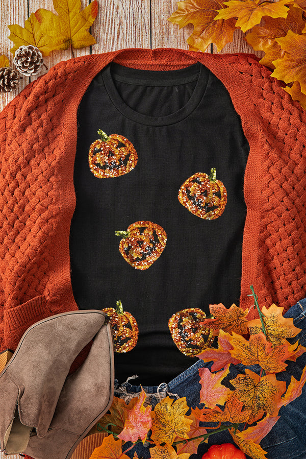 Black Sequin Pumpkin Face Halloween T Shirt - KaleaBoutique.com