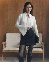 Women's Button-Front Blouse with Pleated Flared Cuffs