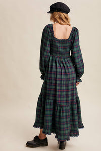 KaleaBoutique Comfortable Vintage Plaid Square Neck Lace Trim Long Sleeve Shift Dress - KaleaBoutique.com