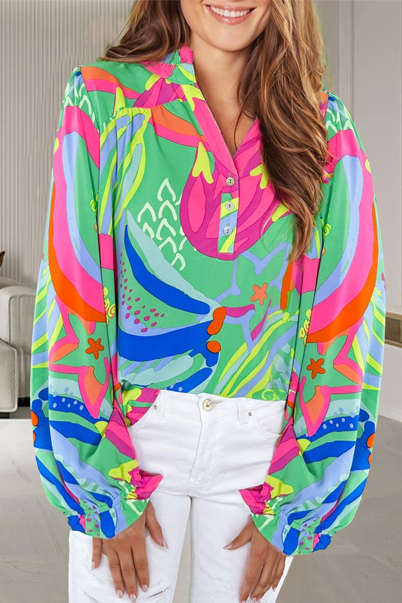 KaleaBoutique Abstract Print Ruffled Sleeve Buttoned V Neck Blouse - KaleaBoutique.com