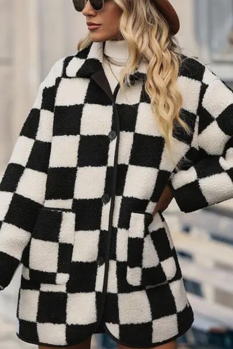 KaleaBoutique Checkered Side Pockets Collared Buttoned Fleece Jacket - KaleaBoutique.com