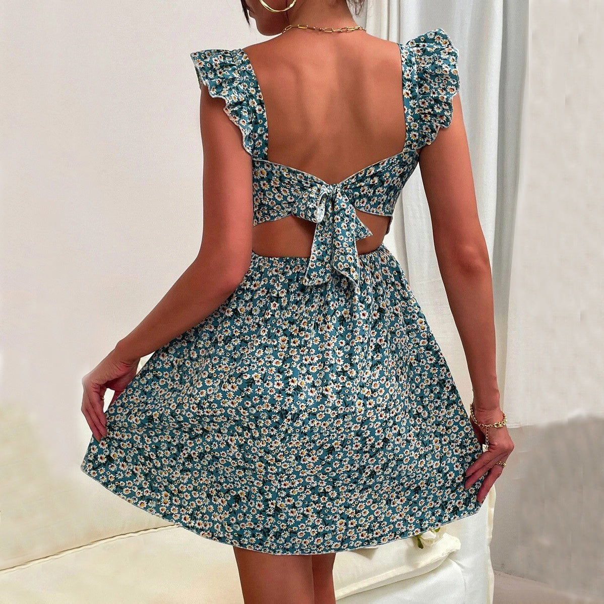 Women's Square-Neck Ruffle-Strap A-Line Mini Dress - KaleaBoutique.com