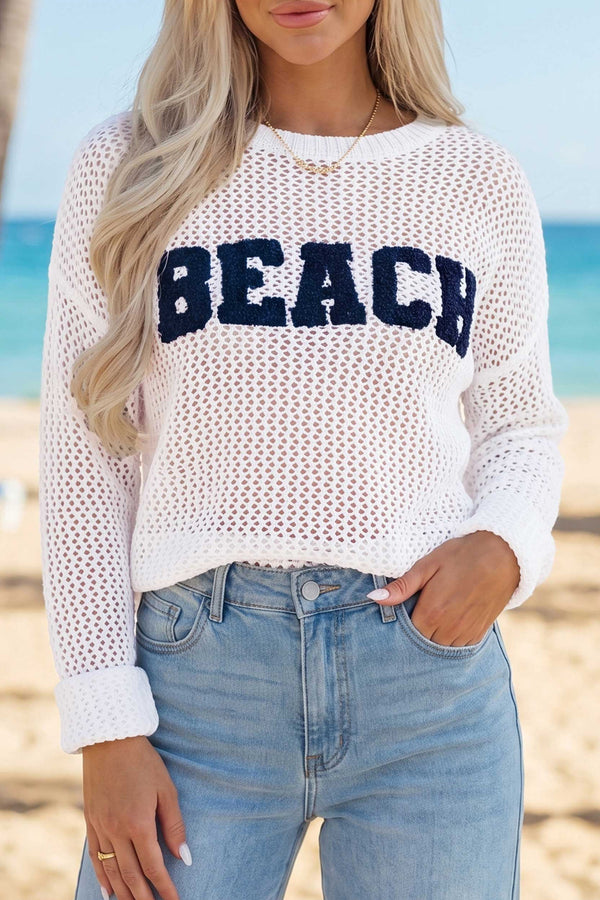 KaleaBoutique Chenille BEACH Lettering Hollow Out Knit Casual Sweater - KaleaBoutique.com