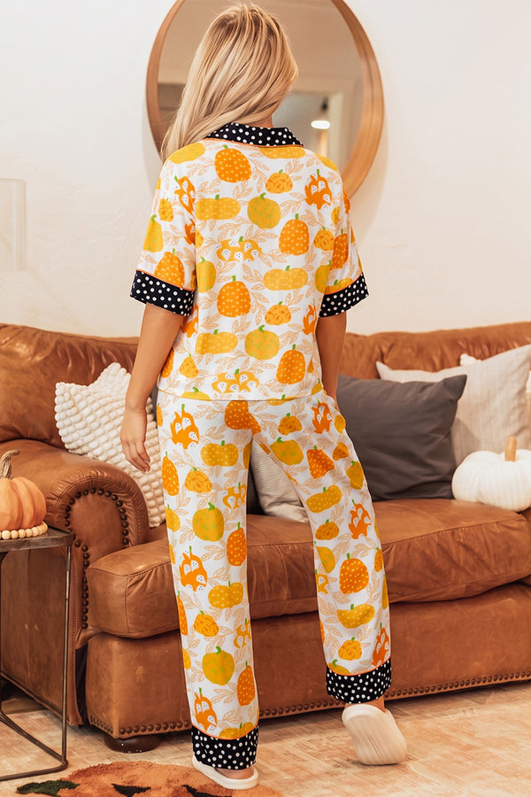 KaleaBoutique Stylish Short Sleeve Pumpkin Print Polka Dot Trim Pocket Pocket Placket Home Wear Lounge Set - KaleaBoutique.com
