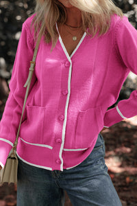 KaleaBoutique Comfortable Color Contrast Side Pockets Button V Neck Cardigan - KaleaBoutique.com