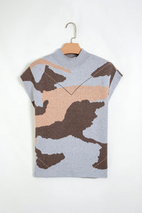 KaleaBoutique Stylish Camouflage Pattern Drop Shoulder High Neck Short Sleeve Shift Sweater - KaleaBoutique.com