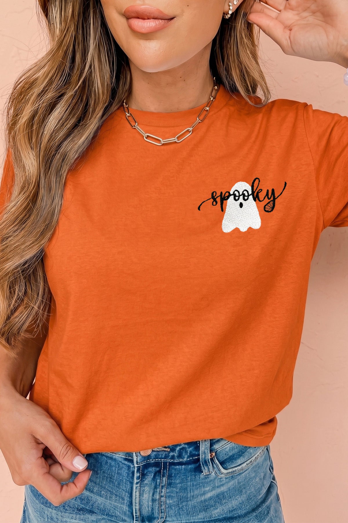 Orange Embroidered Spooky Ghost Halloween Graphic Tee - KaleaBoutique.com