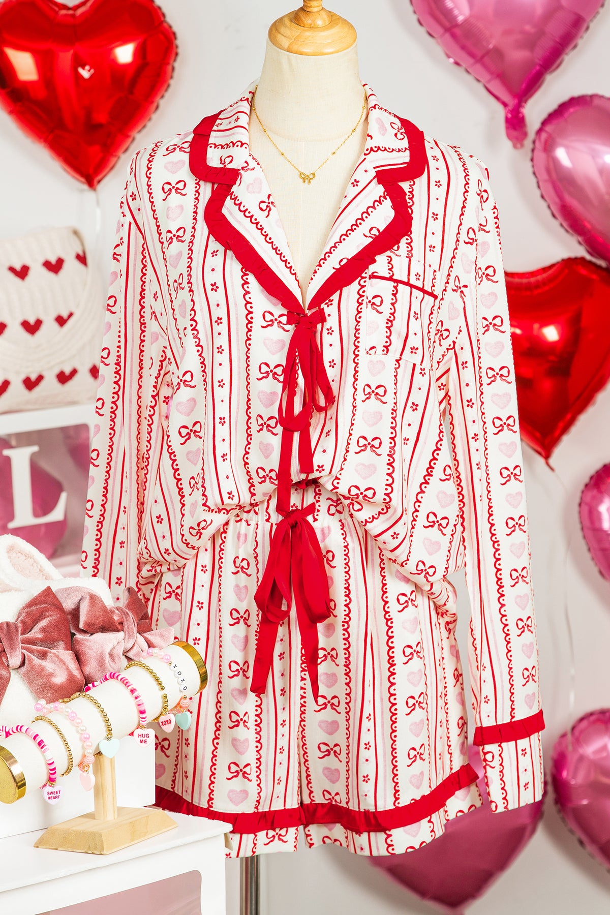 KaleaBoutique Stylish Sweet Floral Heart Bow Print Contrast Trim Long Sleeve Shirt Pajama Short Set - KaleaBoutique.com
