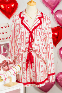 KaleaBoutique Stylish Sweet Floral Heart Bow Print Contrast Trim Long Sleeve Shirt Pajama Short Set - KaleaBoutique.com