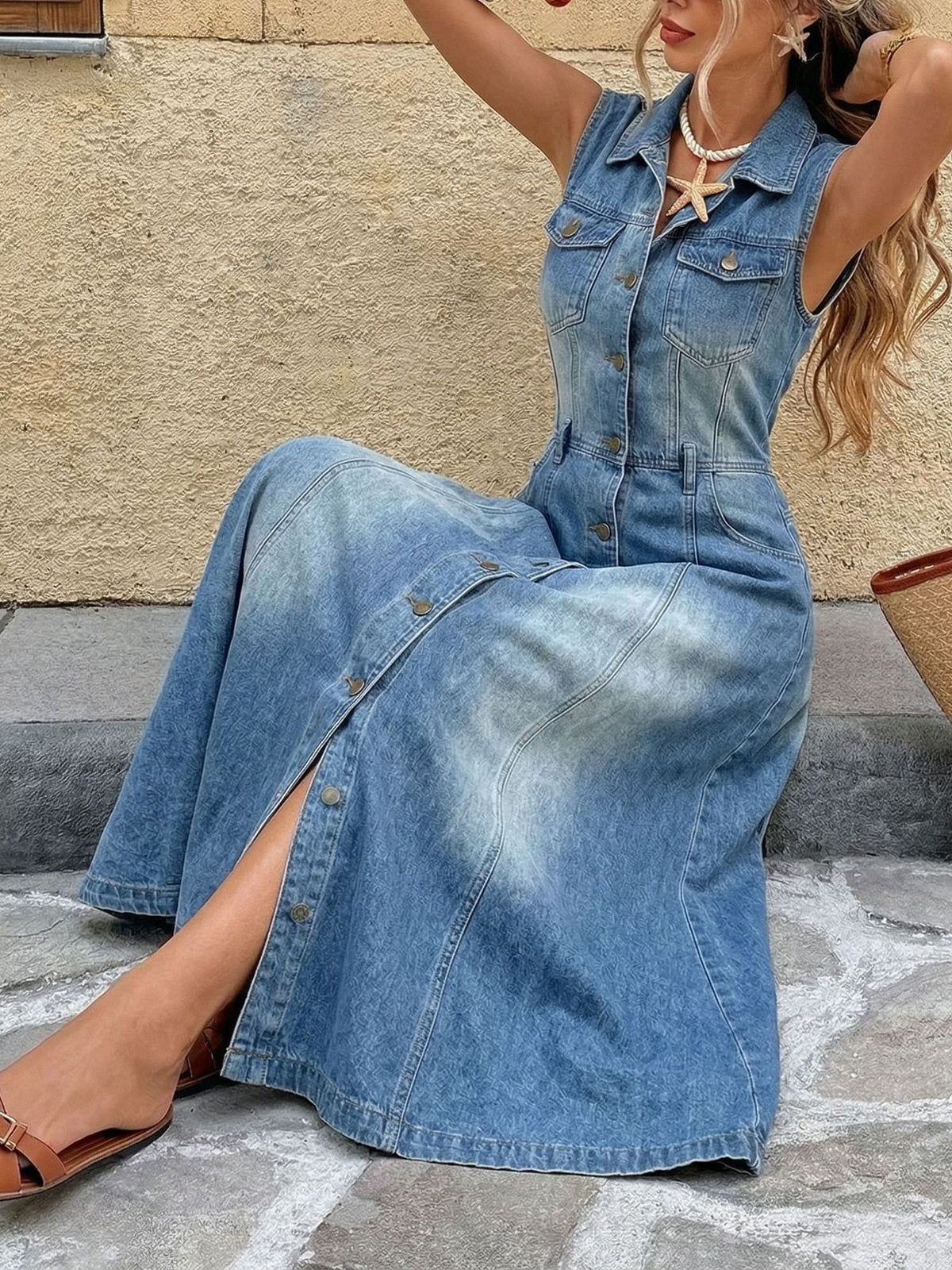 Fashionable Washed Sleeveless Denim Maxi Dress - KaleaBoutique.com