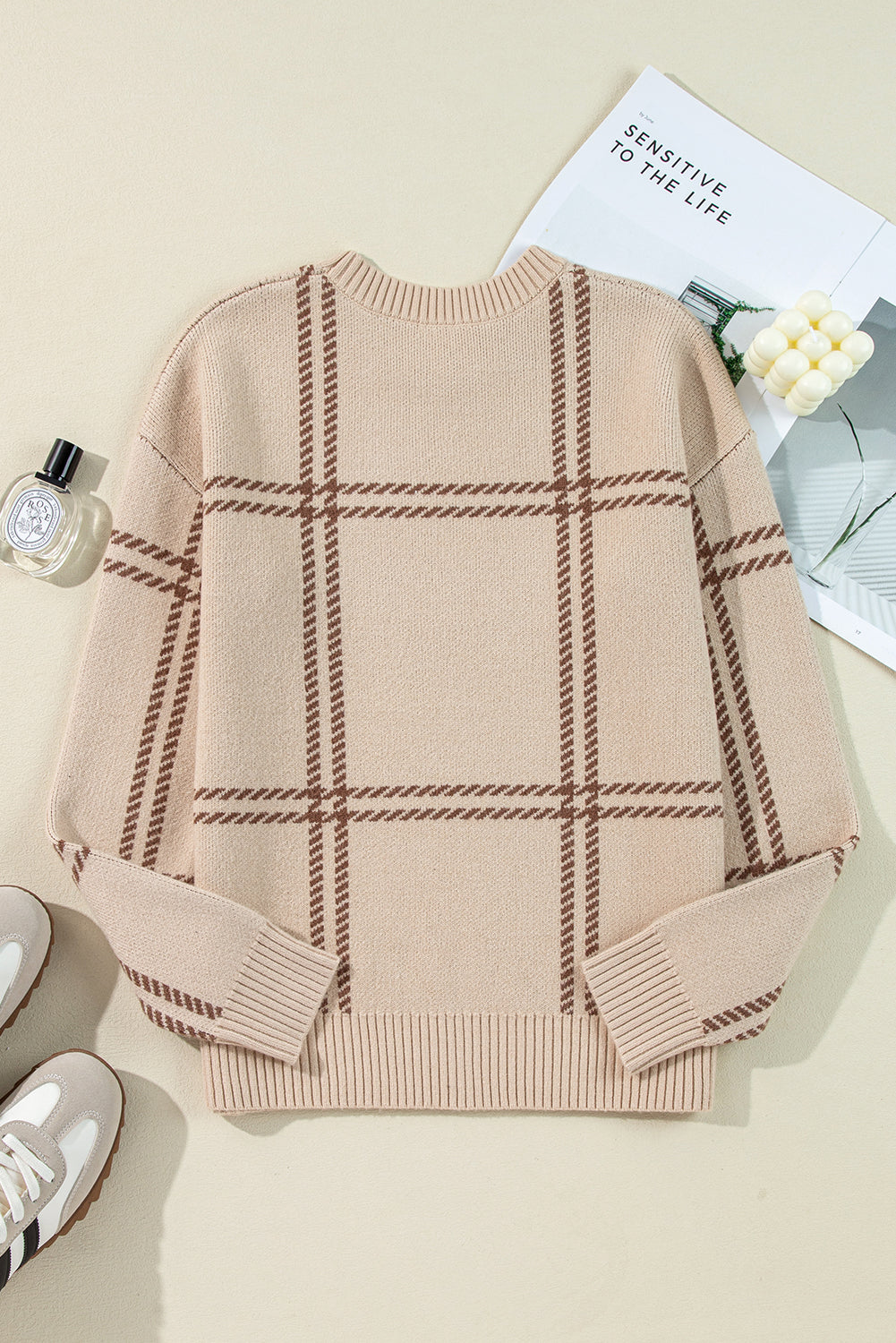 KaleaBoutique Plaid Pattern Knitted Drop Shoulder Sweater - KaleaBoutique.com