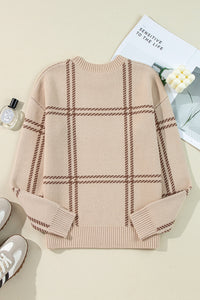 KaleaBoutique Plaid Pattern Knitted Drop Shoulder Sweater - KaleaBoutique.com