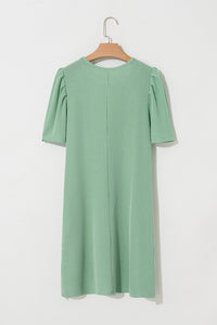 Corded Knit Crew Neck Puff Sleeve Shift Mini Dress - KaleaBoutique.com
