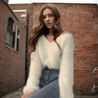 Women's Fuzzy V-Neck Long-Sleeve Pullover Sweater - KaleaBoutique.com
